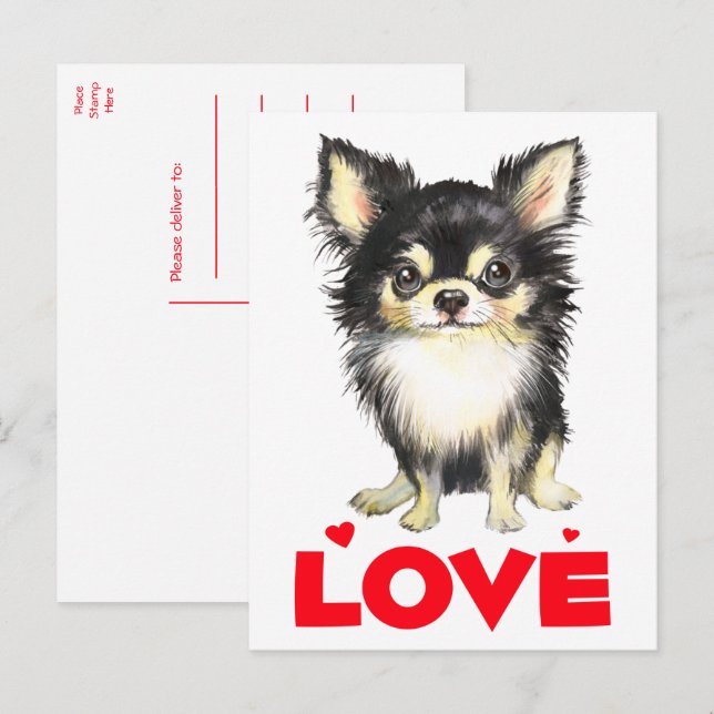 Postal Cachorro Chihuahua de Pelo Largo Acuarela Amor (Anverso / Reverso)