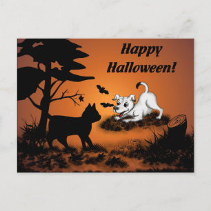Postal Cachorro con gato negro y murciélago, ¡Feliz Hallo