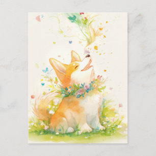 Postal Cachorro Corgi con Collar de Flores y Mariposas