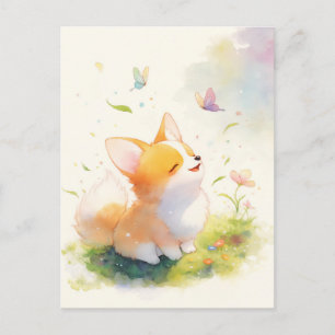 Postal Cachorro Corgi con Mariposas en Pradera Soleada