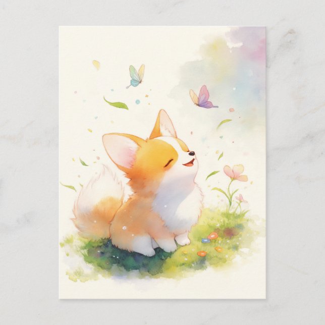 Postal Cachorro Corgi con Mariposas en Pradera Soleada (Anverso)