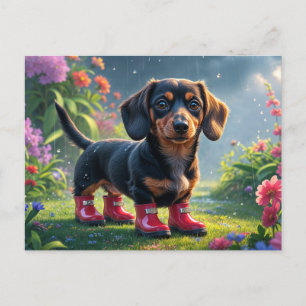 Postal Cachorro de Dachshund Adorable con Botas de Lluvia