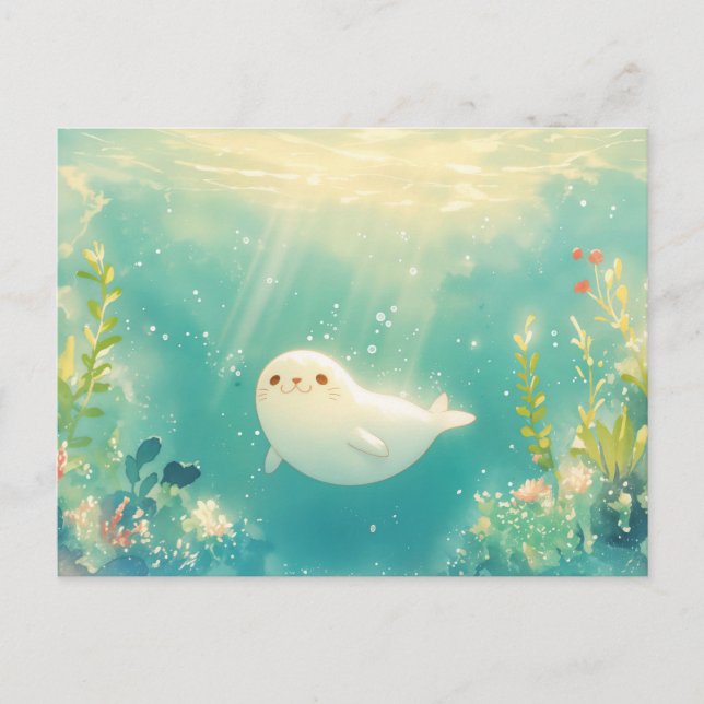 Postal Cachorro de foca adorable en océano luminoso (Anverso)