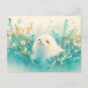 Postal Cachorro de foca adorable en prado de acuarela