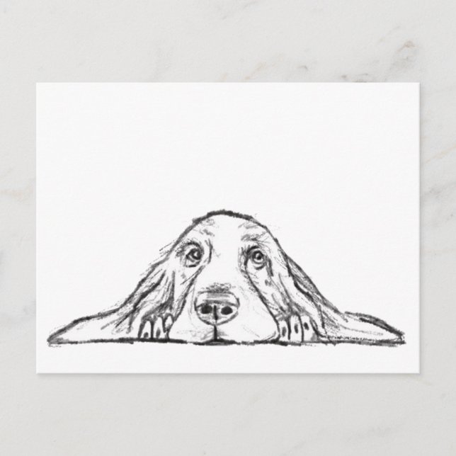 Postal cachorro de ojos simples negro y blanco de basset  (Anverso)