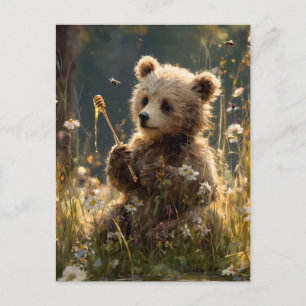 Postal Cachorro de Oso con Miel en un Prado de Flores Sil