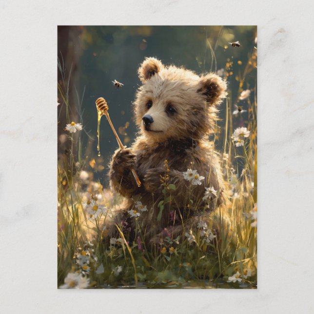 Postal Cachorro de Oso con Miel en un Prado de Flores Sil (Anverso)