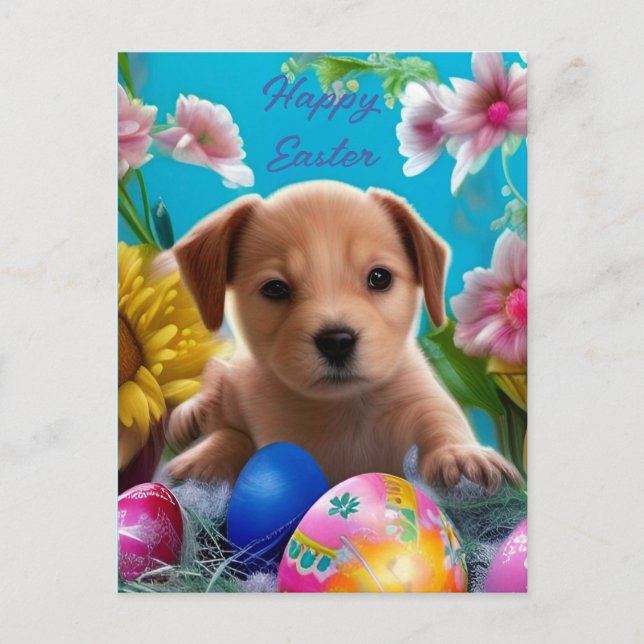 Postal Cachorro de Pascua, flores y huevos (Anverso)