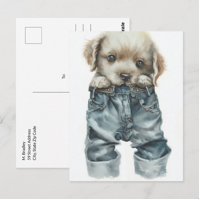 Postal Cachorro en el arte de los jeans (Anverso / Reverso)