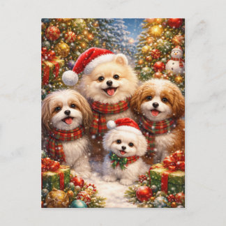 Postal Cachorro festivo en un jardín nevado