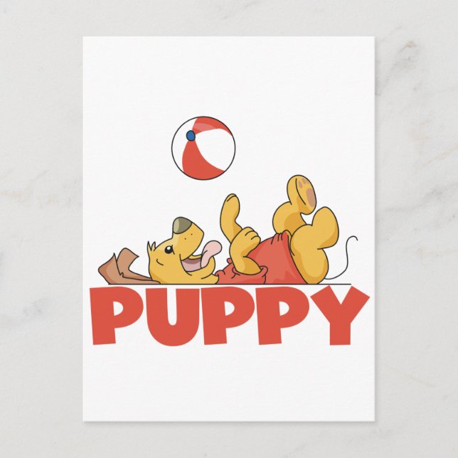 Postal Cachorro juega a las camisetas y a los regalos (Anverso)