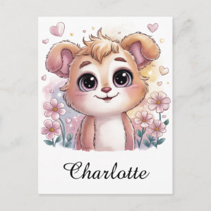 Postal Cachorro Kawaii con flores de primavera y corazone