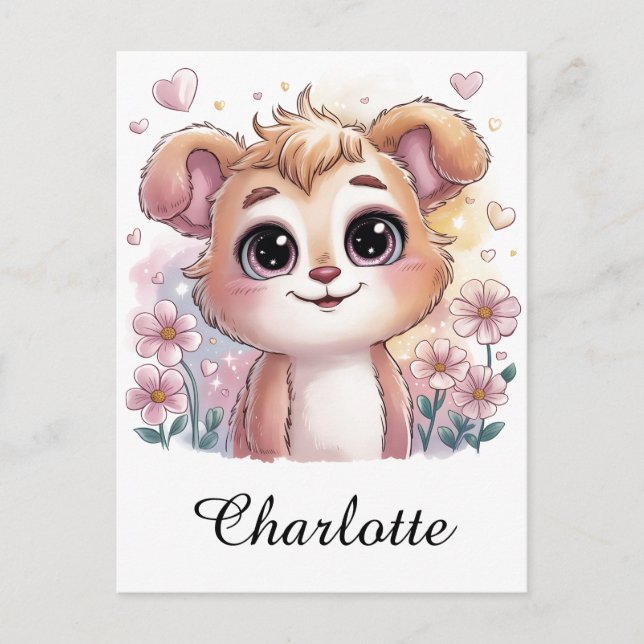Postal Cachorro Kawaii con flores de primavera y corazone (Anverso)