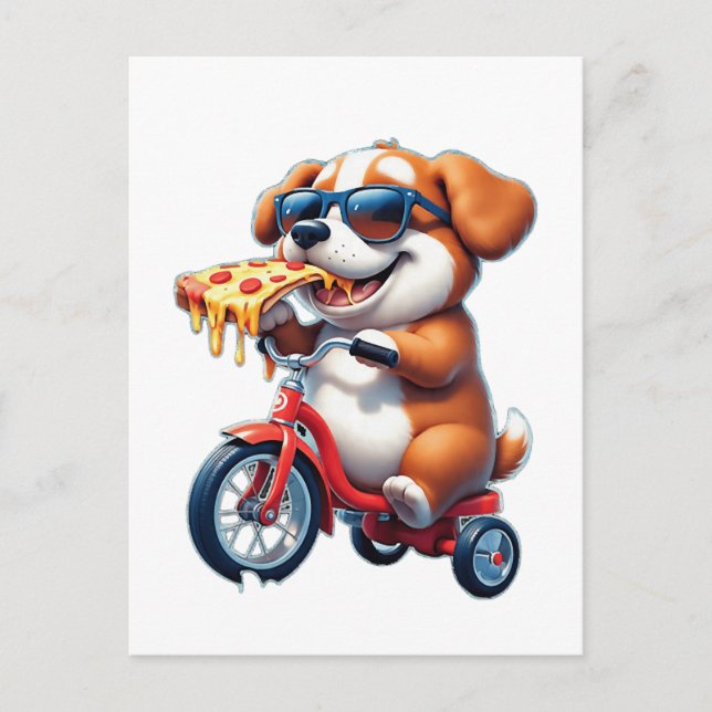 Postal cachorro montando una bicicleta comiendo pizza (Anverso)
