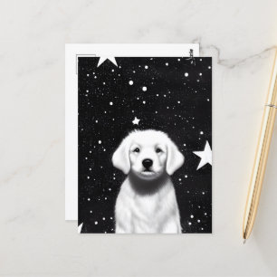 Postal Cachorro negro y blanco retro y grandes estrellas