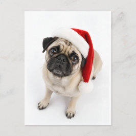 Postal Cachorro Pug Ciervo Navideño Gorro de Santa Ojos d
