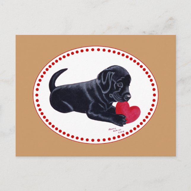 Postal Cachorro y corazón del labrador negro (Anverso)