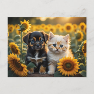 Postal cachorro y gatito junto con girasoles