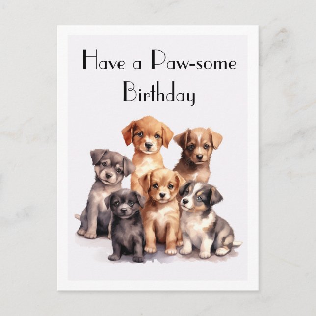 Postal Cachorros Adorables de Acuarela Feliz Cumpleaños I (Anverso)