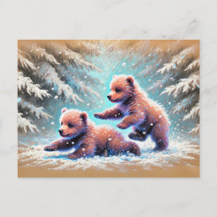 Postal Cachorros de oso juguetones en dibujo de tiza past