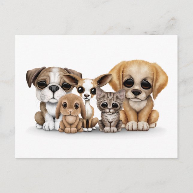 Postal Cachorros, retrato Mascota de gatito y conejito bl (Anverso)