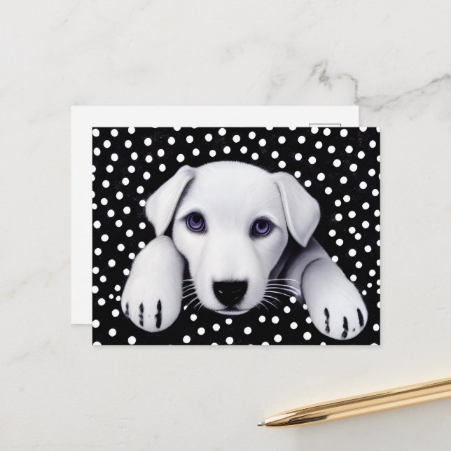 Postal Cachorros retro negros y blancos y polkadots (Anverso/Reverso In Situ)
