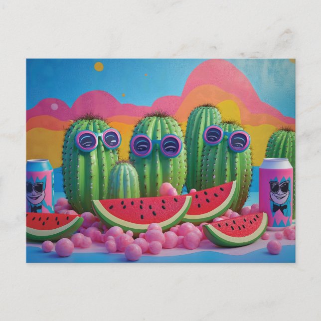 Postal Cacti gracioso con gafas de sol, sandía y dulce (Anverso)