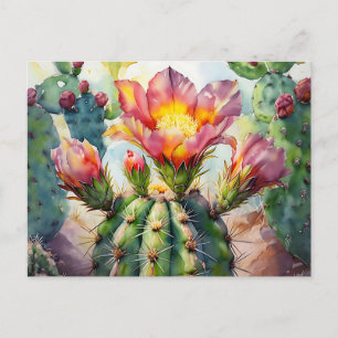 Postal Cactus acuarela con flores del desierto vibrantes