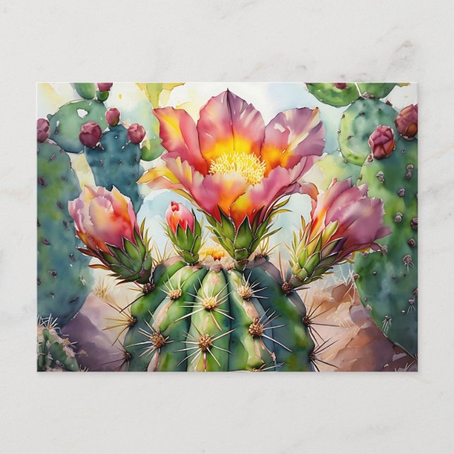 Postal Cactus acuarela con flores del desierto vibrantes (Anverso)
