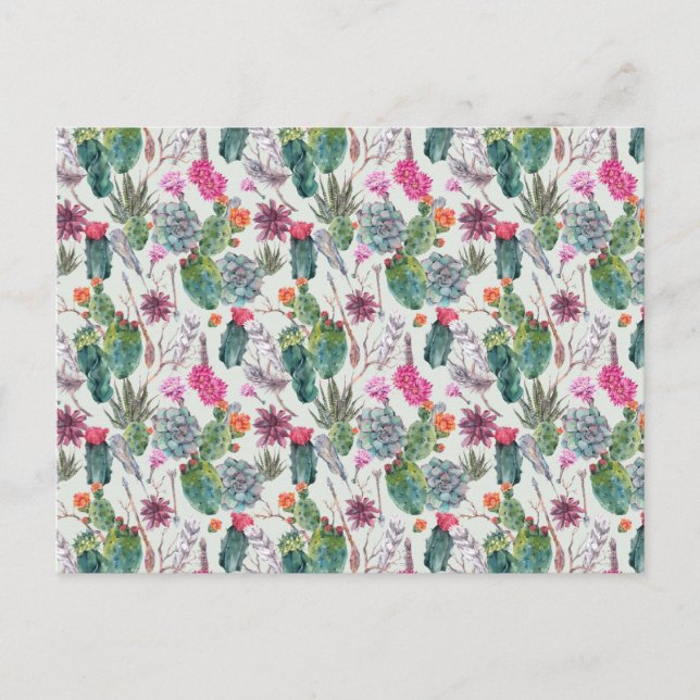 Postal Cactus de acuarela Boho exótico y patrón suculento (Anverso)