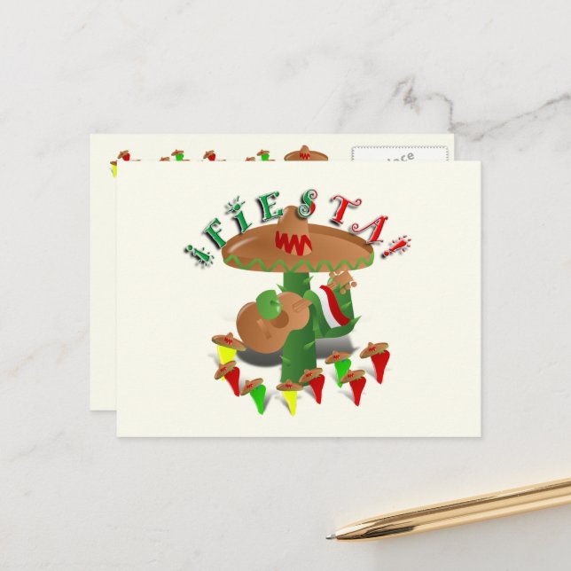 Postal Cactus de Fiesta con Sombrero y Guitarra (Anverso/Reverso In Situ)