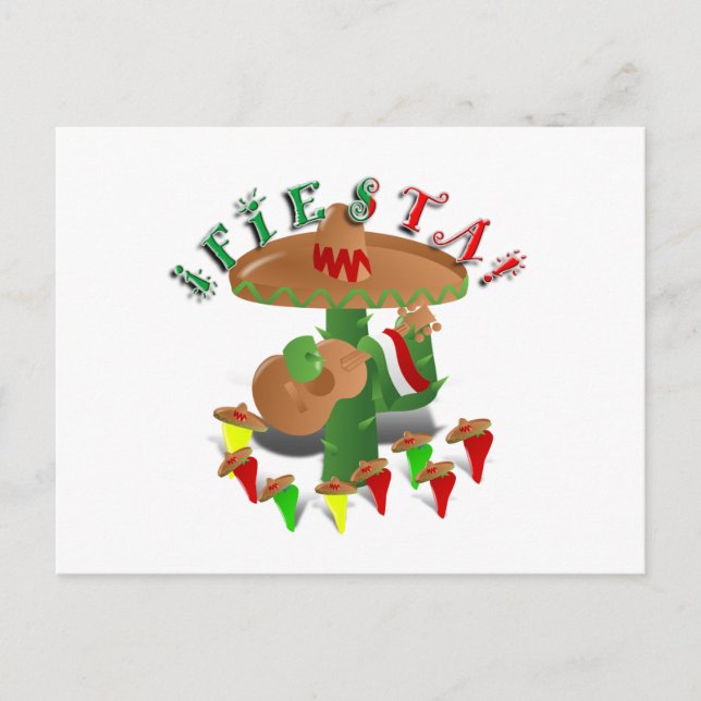 Postal Cactus de Fiesta con Sombrero y Guitarra (Anverso)