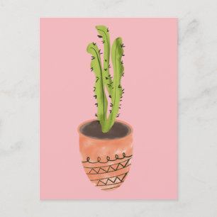 Postal Cactus Plant Terracotta Mano Dibujada Rosa
