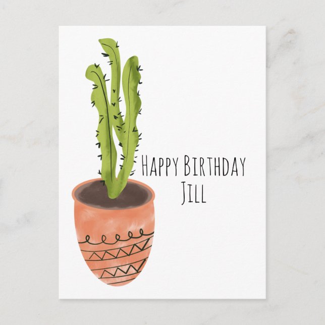 Postal Cactus Planta Terracota Dibujado a Mano Cumpleaños (Anverso)