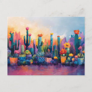 Postal Cactus y flores vibrantes en acuarela