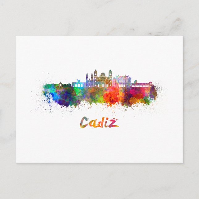 Postal Cadiz skyline in watercolor (Anverso)