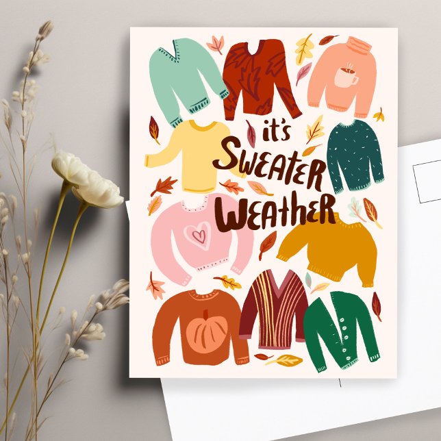 Postal Cae el clima de suero otoño con sabor estacional (It's Sweater Weather Fall Autumn Seasonal Cute Postcard
)