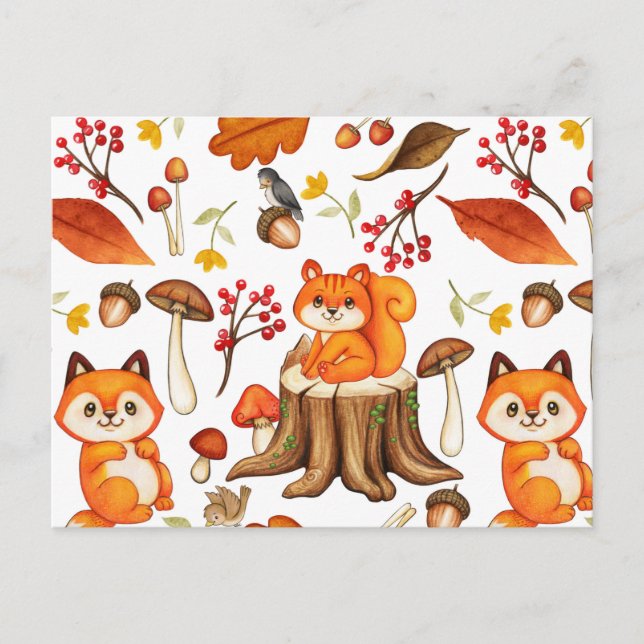 Postal Cae en Woodland animales y hojas de Naranja (Anverso)