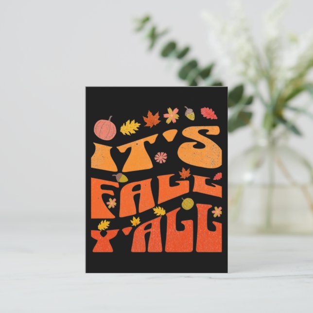 Postal Cae la calabaza y las hojas de otoño (Anverso de pie)