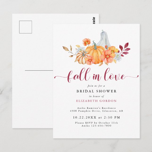 Postal Cae la ducha de la novia la calabaza del otoño ena (Anverso / Reverso)