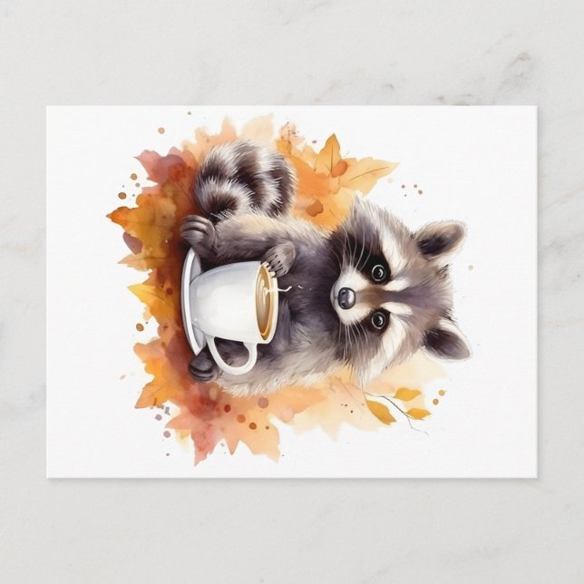 Postal Cae vibraciones Raccoon con una taza de café (Anverso)