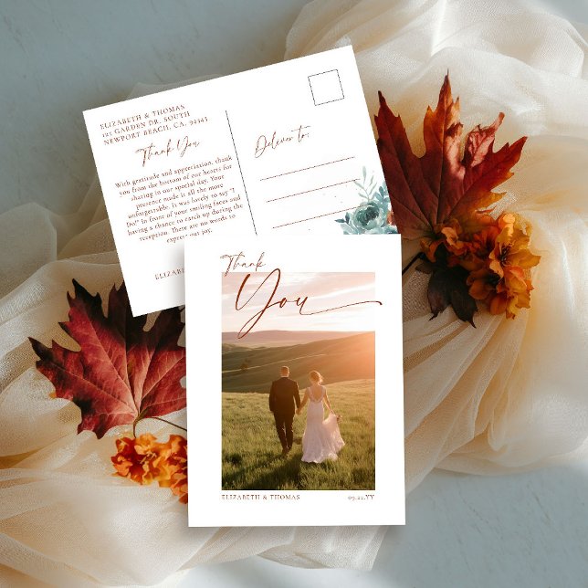 Postal Caer Naranja quemado Verde azulado Boda Foto Graci (fall wedding shower baby photo thank you teal burnt orange terracotta watercolor floral botanical)