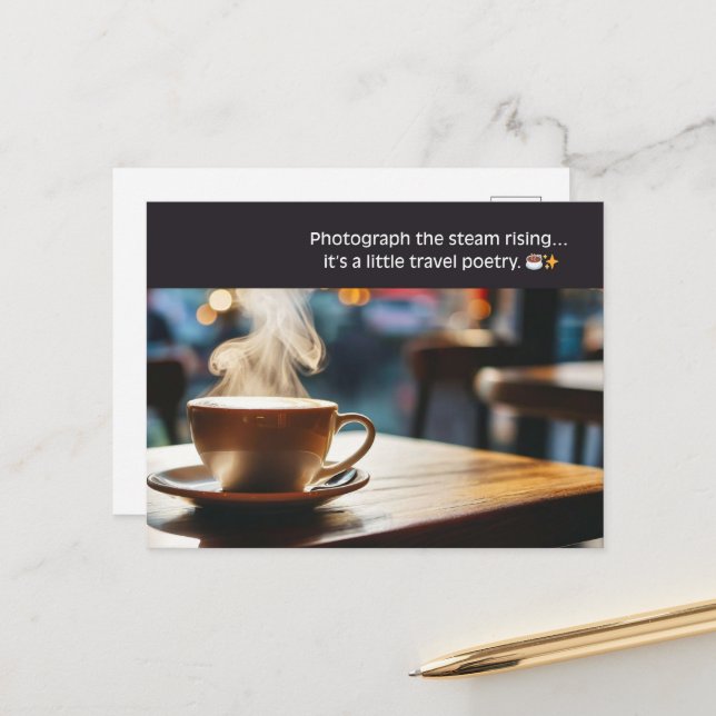 Postal Café Acogedor – Fotografiar el Vapor que se Eleva (Anverso/Reverso In Situ)