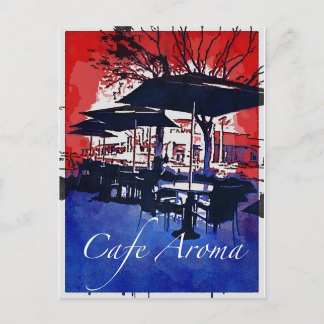 Postal Cafe Aroma Sidewalk Cafe Diseño de Arte Pop Azul R (Anverso)
