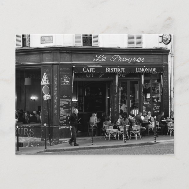 Postal Café blanco y negro en Montmartre, París (Anverso)