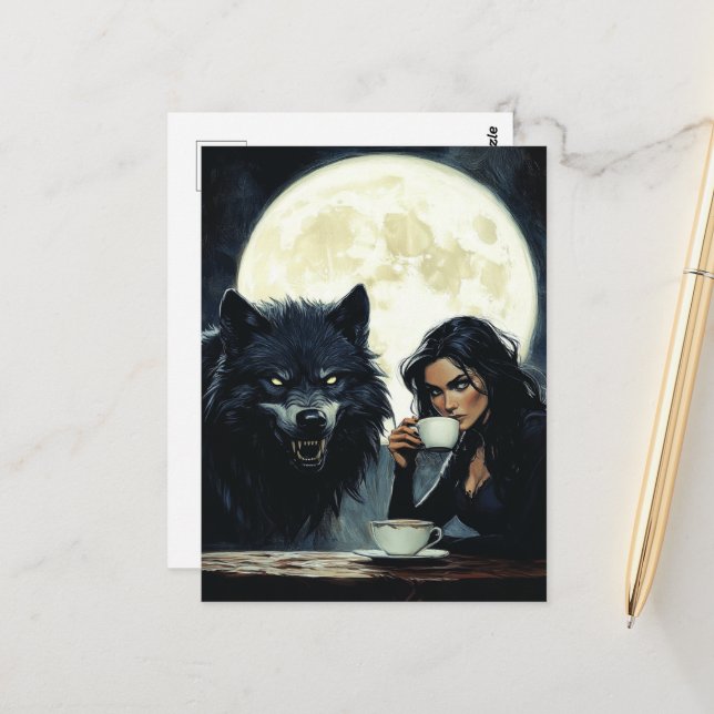 Postal Café con el lobo durante luna llena (Anverso/Reverso In Situ)