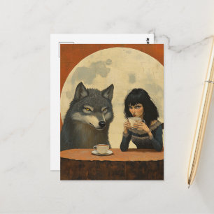 Postal Café con el lobo durante una luna llena sombrío