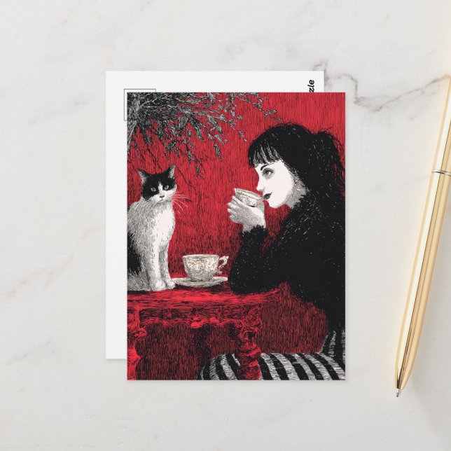 Postal Café con un gato (Anverso/Reverso In Situ)