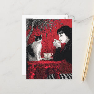 Postal Café con un gato blanco negro rojo