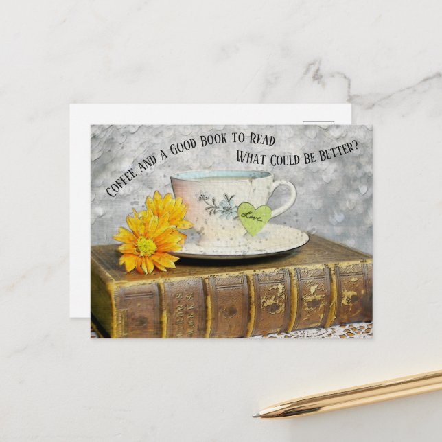 Postal Café de vacaciones y un buen libro para leer (Anverso/Reverso In Situ)